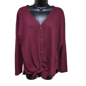 IWOLLENCE Women's Maroon Red Waffle Knit Tie Front Long Sleeve Cardigan Size M